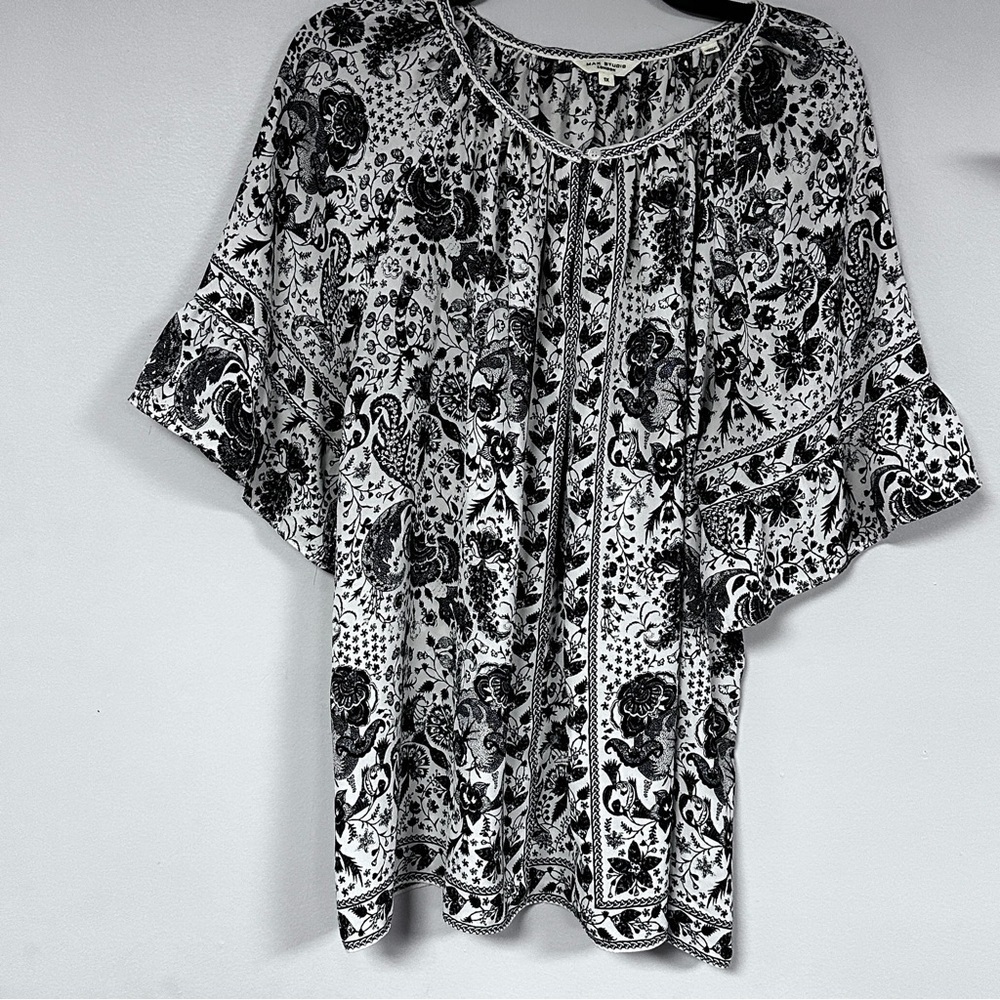 Max Studio London Black & White Floral Peasant Blouse, Summer, Flutter Sleeve,1X